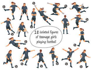 18 isolated figures of teenager girls playing women's football in black shirts standing in the goal, running, hitting the ball, jumping, dribbling