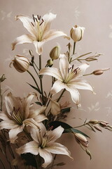 Flowers background. Beautiful beige flowers lily close up bouquet on beige background.  Floral wallpaper. Flowers card. Poster