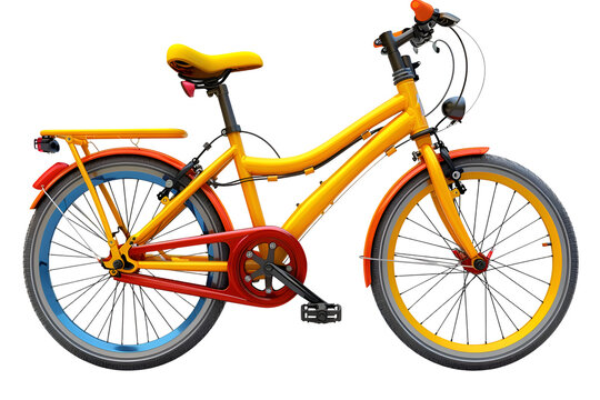 A 3D animated cartoon render of a folding bicycle with colorful wheels.