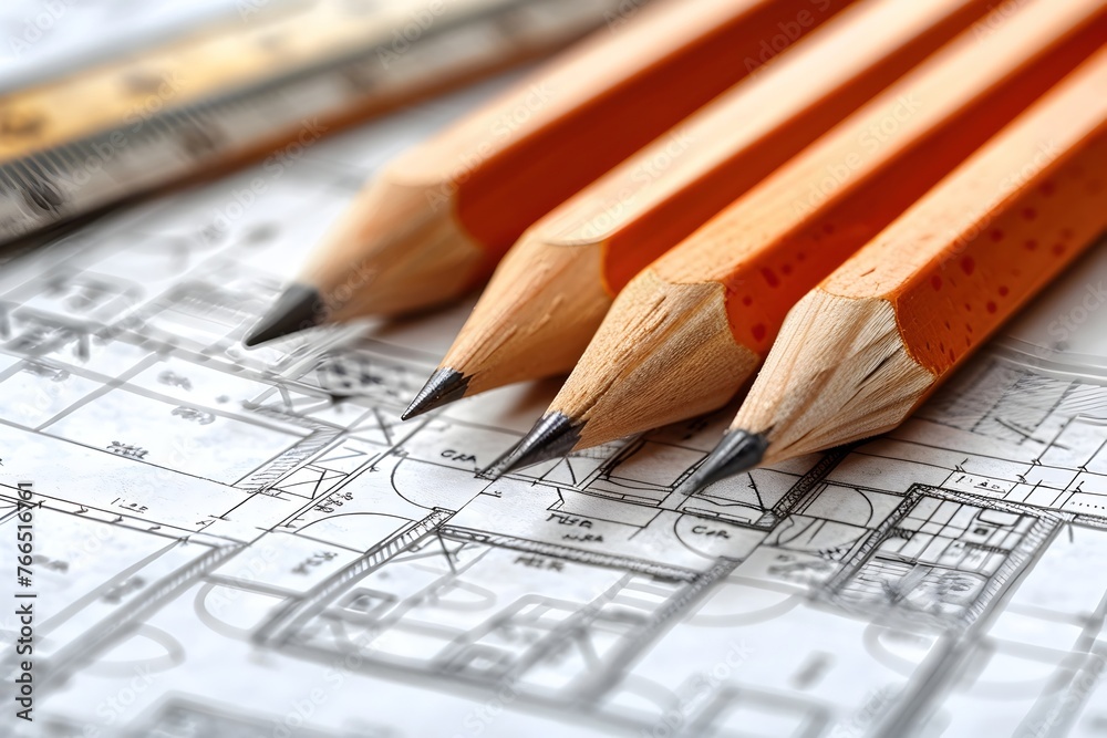 Wall mural close up of drawing pencil on construction blueprint, representing the building industry, architecture concept for project design or planning in building home