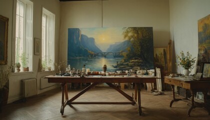 A painter's atelier illuminated by natural light, showcasing a stunning landscape painting on an easel amidst a creative and historical setting.