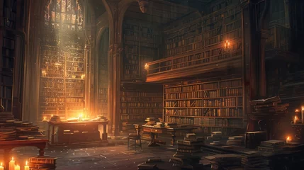 Tuinposter An ancient library with towering bookshelves, hidden alcoves, and magical glowing manuscripts. Resplendent. © Summit Art Creations