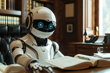 AI robot in professional attire sitting at the desk reading documents, office background with bookshelves and computer screens