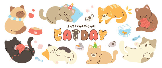 Cute cats and funny kitten doodle element vector. Happy international cat day characters design collection with flat color in different poses. Set of adorable pet animals isolated on white background. - obrazy, fototapety, plakaty