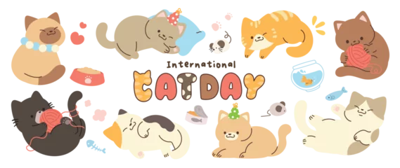 Fotobehang Cute cats and funny kitten doodle element vector. Happy international cat day characters design collection with flat color in different poses. Set of adorable pet animals isolated on white background. © TWINS DESIGN STUDIO