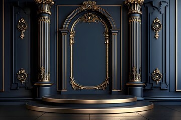 3D rendering of luxury black wall with gold arch and marble podium for product presentation, classical interior design - obrazy, fototapety, plakaty