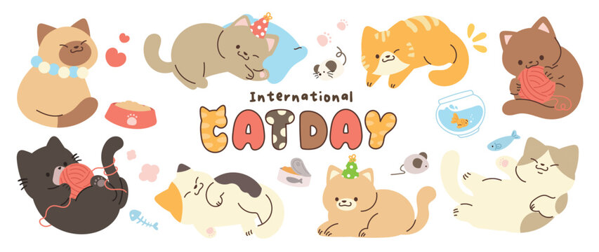 Naklejki Cute cats and funny kitten doodle element vector. Happy international cat day characters design collection with flat color in different poses. Set of adorable pet animals isolated on white background.