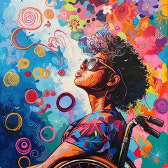A colorful painting captures a woman in a wheelchair, lost in a dreamscape of vivid colors and abstract shapes, symbolizing hope and imagination