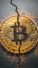Bitcoin broken in half, golden crypto coin split in two, bitcoin halving concept