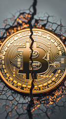 Bitcoin halving, a single btc split in two as the earth splits open and mining reward is halved, future of cryptocurrency