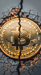 Fototapeta premium Bitcoin halving, a single btc split in two as the earth splits open and mining reward is halved, future of cryptocurrency