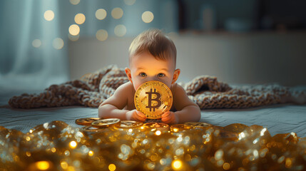 Baby playing on the floor with golden bitcoin coins, future of blockchain technology, white baby with blonde hair cozy indoors knitted blanket in background