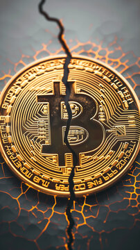 Bitcoin broken in half, golden crypto coin split in two, bitcoin halving concept