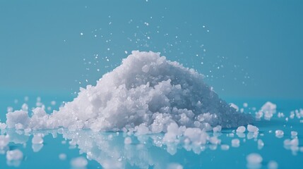 A pile of white salt on a blue surface. The salt is piled up and looks like it's been blown away by the wind - obrazy, fototapety, plakaty