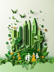 A drawing of a family and a city with a green background. The mood of the drawing is peaceful and happy