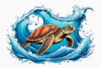 Vibrant sea turtle elegantly maneuvering its way through shimmering azure ocean depths, showcasing beauty, tranquility of marine life in its natural habitat. For fashion,clothing design, Tshirt design