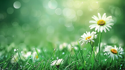 background with green bokeh an white magerite flowers
