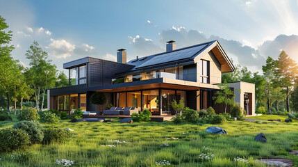 Fototapeta na wymiar Solar panel installed modern luxury house vila in suburban area, 