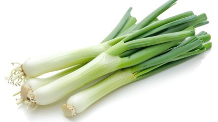 A bunch of green onions are displayed on a white background. The onions are fresh and ready to be used in a meal