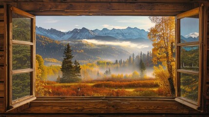 Fototapeta premium View through open window to autumn wilderness at sunrise