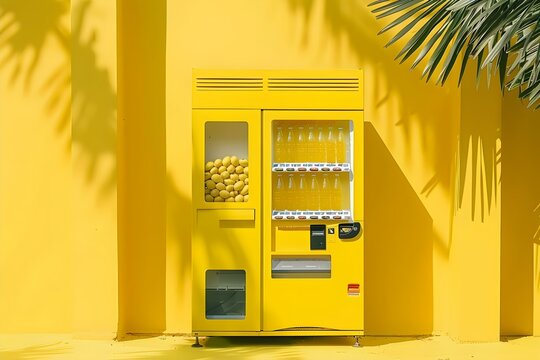 Lemonade vending machine against a monochrome background with text space. Concept Lemonade Stand, Monochrome Background, Vending Machine, Text Space, Refreshing Summertime