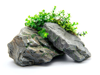 A rock with a plant growing on it. The rock is placed on a white background