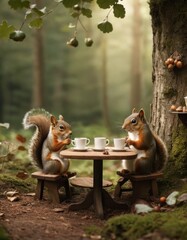Two squirrels partake in a quaint tea party, complete with miniature cups and a table, set against the enchanting backdrop of a forest, invoking a fairytale-like charm. - obrazy, fototapety, plakaty