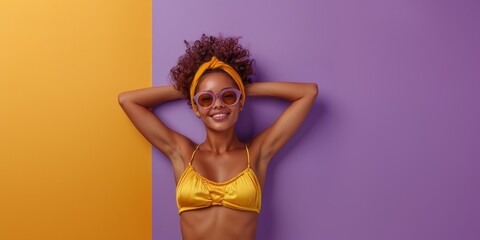 Cute sexy woman in swimsuit and sunglasses isolated on purple background. Travel, vacation, tourism concept. - obrazy, fototapety, plakaty