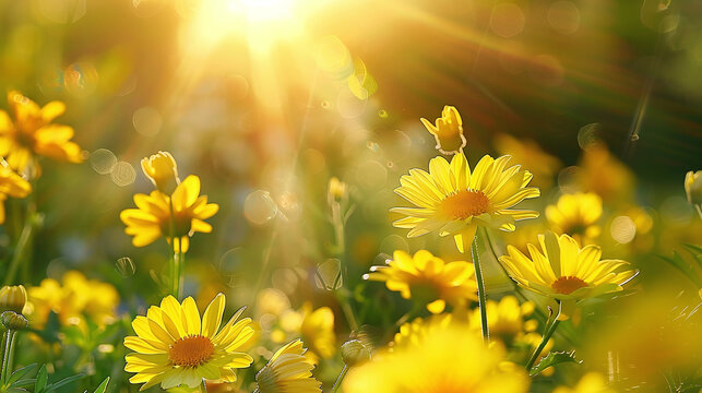 Yellow flowers like Jerusalem artichokes backlit by sun rays on a summer meadow with warm light