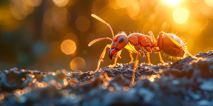 A red ant with black eyes is on a piece of wood Macro Shot of Red Ant on Wood.