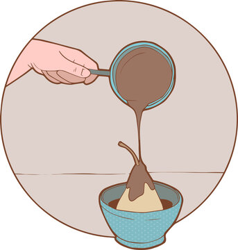 main qui tient une petite casserole et fait couler du chocolat sur une poire dans un bol