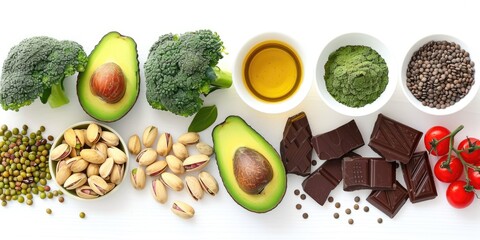 A variety of healthy foods are displayed on a white table, including nuts, chocolate, and...