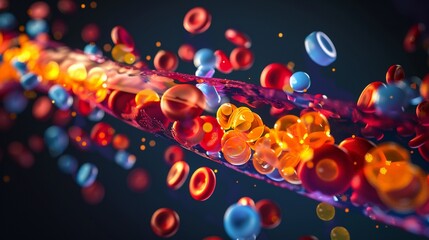 Depict the transportation of fat-soluble vitamins through the bloodstream via lipoproteins in an X-ray style.