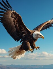 The image captures the majestic flight of a bald eagle with its powerful wings spread, against a clear blue sky, embodying freedom and strength.