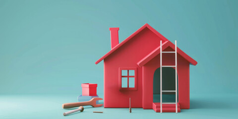 A red house with a ladder leaning against it. The house is surrounded by tools and a box. Scene is that of a home improvement project