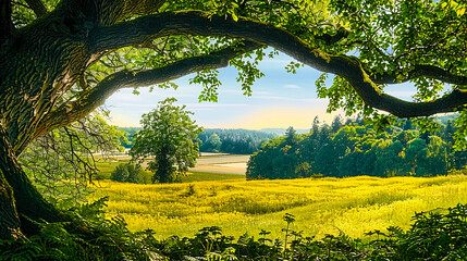 tree trunk and branch framing a landscape with fields