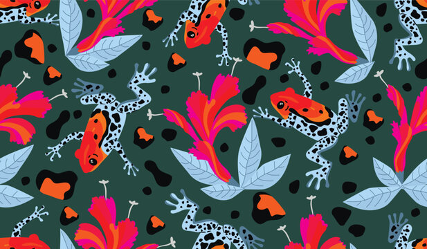 Funny seamless pattern with poison frog and exotic flower.Tropical floral background with wild animal, plant and abstract shapes.Colorful vector design for printing on fabric and paper,cover,wallpaper