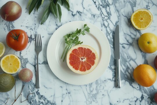 A plate of food with a grapefruit on it and a fork and knife on the table. The plate is on a marble countertop