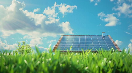 Solar panel installed roof top of a small house, low angle view portrait from grass field, blue sky with clouds, green energy concepts - Powered by Adobe