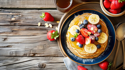 pancakes with fresh berries and honey on a white plate on a gray background - obrazy, fototapety, plakaty