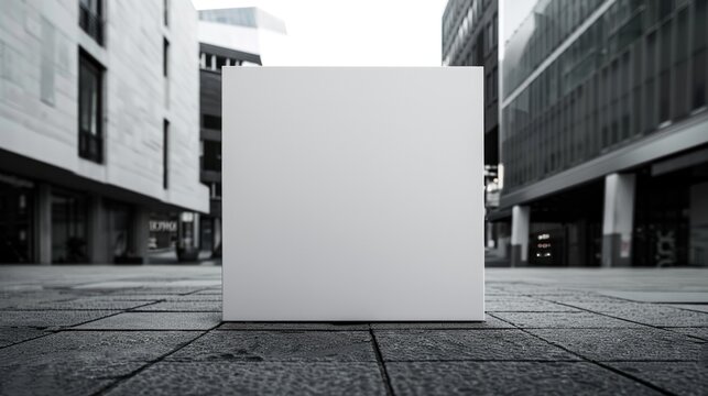 A white box is sitting on the ground in front of a building. The box is empty and has no writing on it. The scene is set in a city with a lot of buildings and a busy street