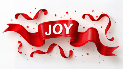 The word "JOY" on a red banner with a textured material.