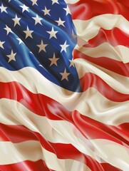 A red, white and blue American flag with stars. The flag is waving in the wind. The flag is a symbol of the United States and represents freedom and patriotism