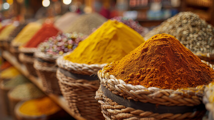 Photo of various spices in a market setting