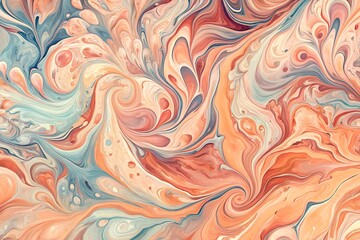 Abstract swirling pattern of peach, blue, and red paint. This artwork is perfect for adding a touch of vibrancy and energy to any project.