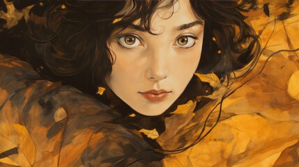 A woman with brown hair and brown eyes is painted on a canvas. The painting is of a woman with a scarf around her neck and a leafy background. The woman's face is the main focus of the painting
