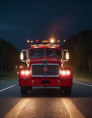 Fototapeta na wymiar A vintage red fire truck with bright lights and alert firefighters is ready for an emergency response on a dark road, embodying service and readiness