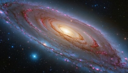 This stunning image captures the grandeur of a spiral galaxy, its swirling arms aglow with star-forming regions and dust lanes, set against the dark expanse of space.