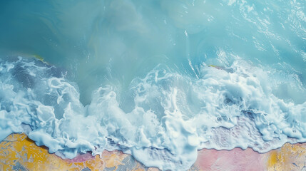 Serene Coastal Whisper: Aerial View of Ocean Waves Crashing onto Sandy Shore, AI Generated