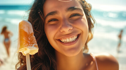 Refreshing Beach Treat - Smiling Hispanic Woman with Ice Cream